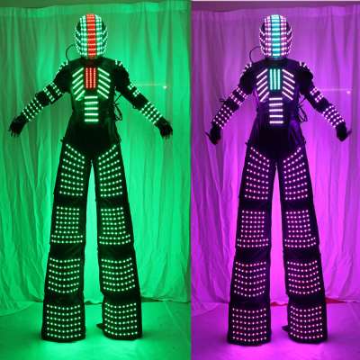 LED Robot Costume led Clothes Stilts Walker Costume trajes de LED Suit Costume Helmet Laser Gloves CO2 Gun Jet Machine